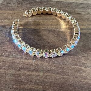 Gold Iridescent Rhinestones Stretch Open Cuff Tennis Bracelet